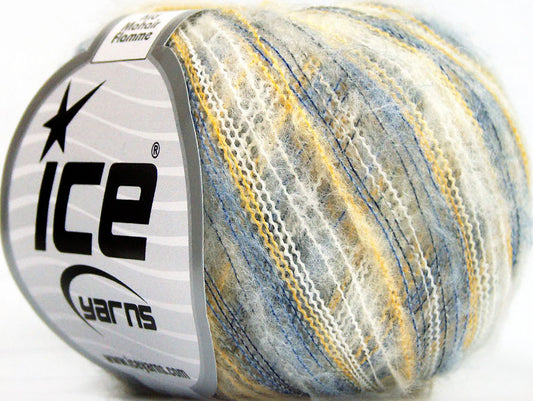Lot of 10 Skeins Ice Yarns KID MOHAIR FLAMME (37% Kid Mohair) Yarn Blue Yellow White