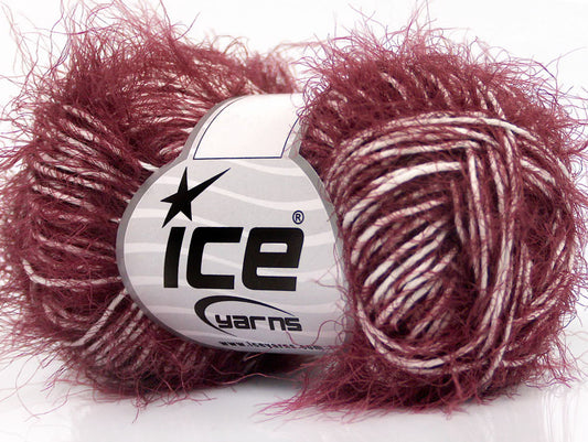 Lot of 8 Skeins ICE SALE EYELASH BLEND (50% Cotton) Yarn Burgundy White