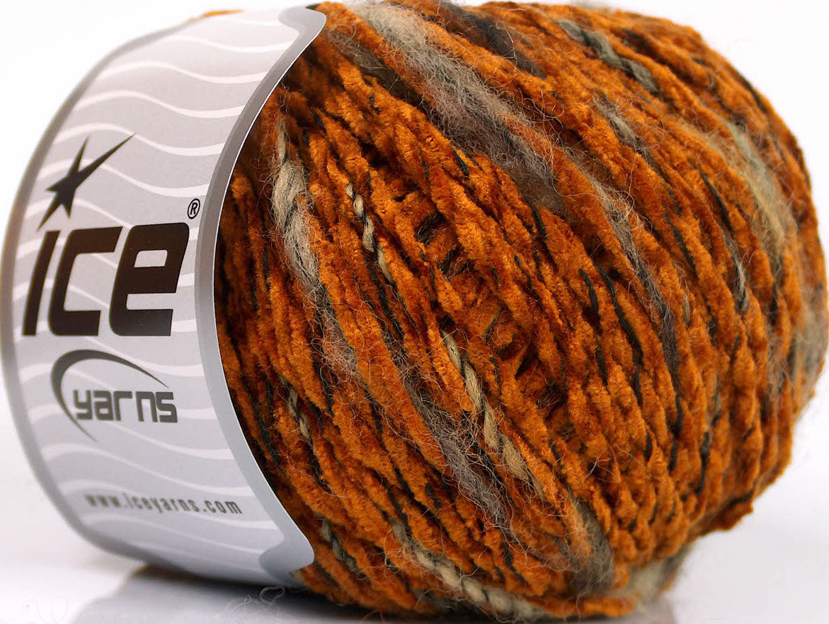 Lot of 8 Skeins Ice Yarns CHENILLE WOOL FLAMME (15% Wool) Yarn Orange Brown Shades Black