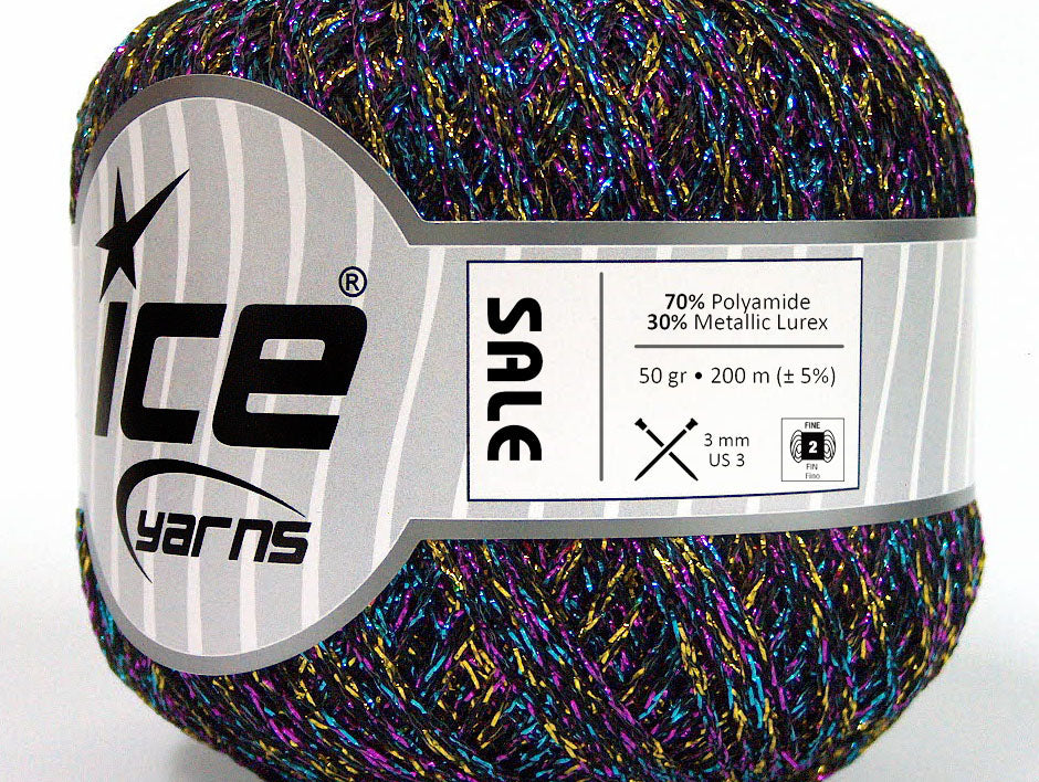 Lot of 6 Skeins ICE SALE METALLIC Yarn Black Turquoise Gold Fuchsia