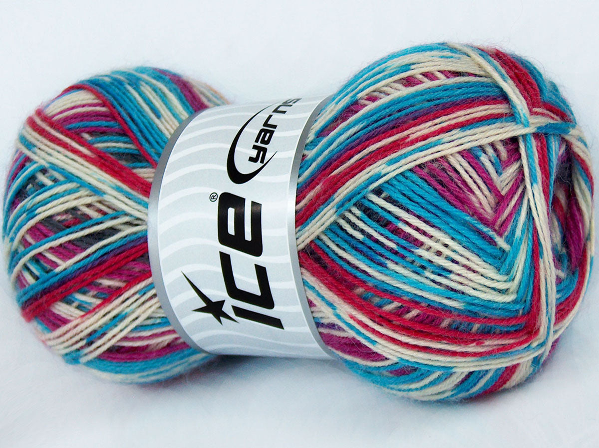 Lot of 4 x 100gr Skeins Ice Yarns COLORWAY SOCK (75% Superwash Wool) Yarn Turquoise Fuchsia Pink Cream