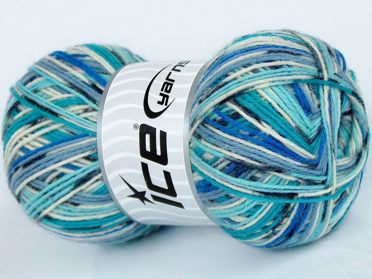 Lot of 4 x 100gr Skeins Ice Yarns COLORWAY SOCK (75% Superwash Wool) Yarn Turquoise Blue Shades Cream Black
