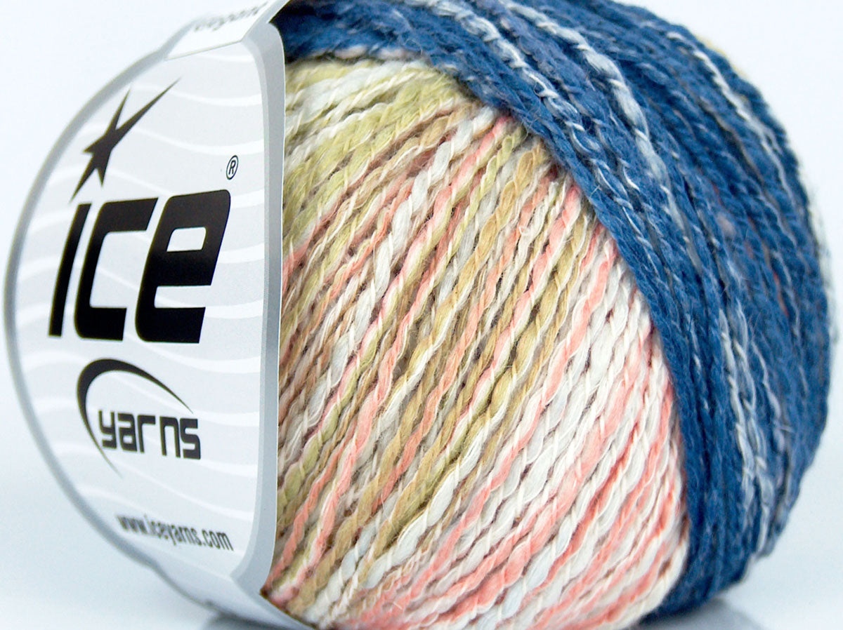 Lot of 4 Skeins Ice Yarns ELEGANT (36% Superwash Merino 18% Linen) Yarn Blue Salmon Green Cream