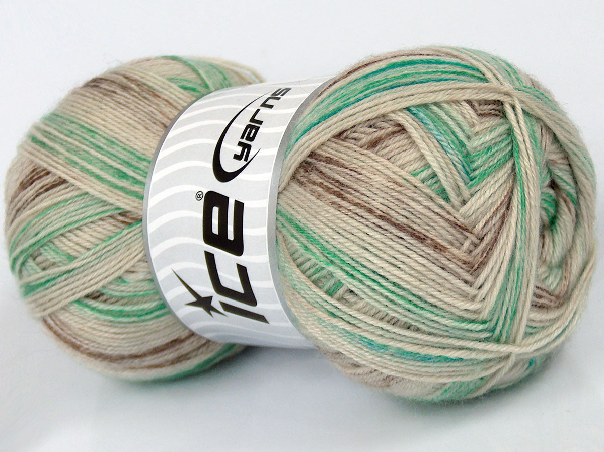 Lot of 4 x 100gr Skeins Ice Yarns SILK SOCK (10% Silk 35% Superwash Wool) Yarn Green Shades Cream Brown