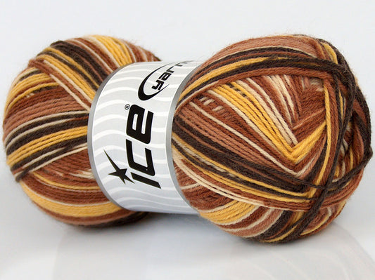 Lot of 4 x 100gr Skeins Ice Yarns VARICOLORED SOCK (75% Superwash Wool) Yarn Brown Shades Yellow Cream