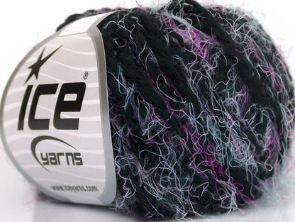 Lot of 8 Skeins ICE SALE EYELASH BLEND (50% Cotton) Yarn Black Fuchsia Turquoise