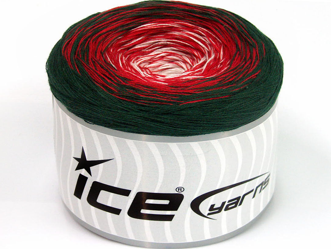 Lot of 2 x 150gr Skeins Ice Yarns CAKES COTTON FINE (50% Cotton) Yarn Dark Green Red White