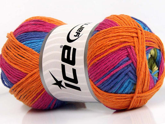 Lot of 4 x 100gr Skeins ICE NATURAL COTTON COLOR (100% Cotton) Yarn Orange Pink Green Blue Purple