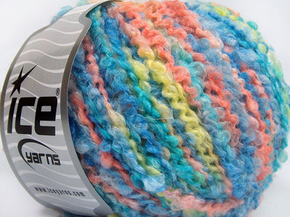 Lot of 8 Skeins Ice Yarns BOUCLE WOOL BULKY (35% Wool) Yarn Blue Shades Salmon Light Yellow