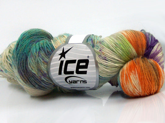 Lot of 4 x 100gr Skeins Ice Yarns HAND DYED SOCK YARN (75% SuperWash Wool) Yarn Green Shades Purple Orange Cream