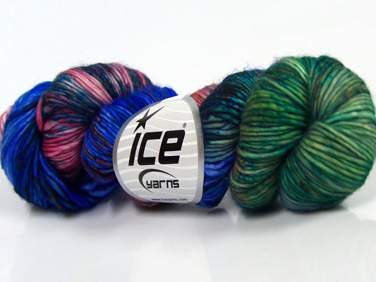 Lot of 2 x 100gr Skeins Ice Yarns HAND DYED SUPERWASH MERINO (100% Superwash Merino Wool) Yarn Purple Shades Green Shades Turquoise