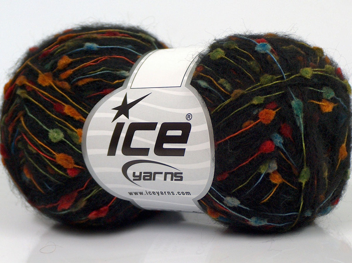 Lot of 8 Skeins Ice Yarns SALE POMPOM (25% Wool 1% Elastan) Yarn Black Rainbow