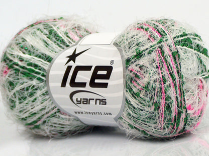 Lot of 8 Skeins Ice Yarns SALE EYELASH BLEND (47% Cotton) Yarn White Green Pink
