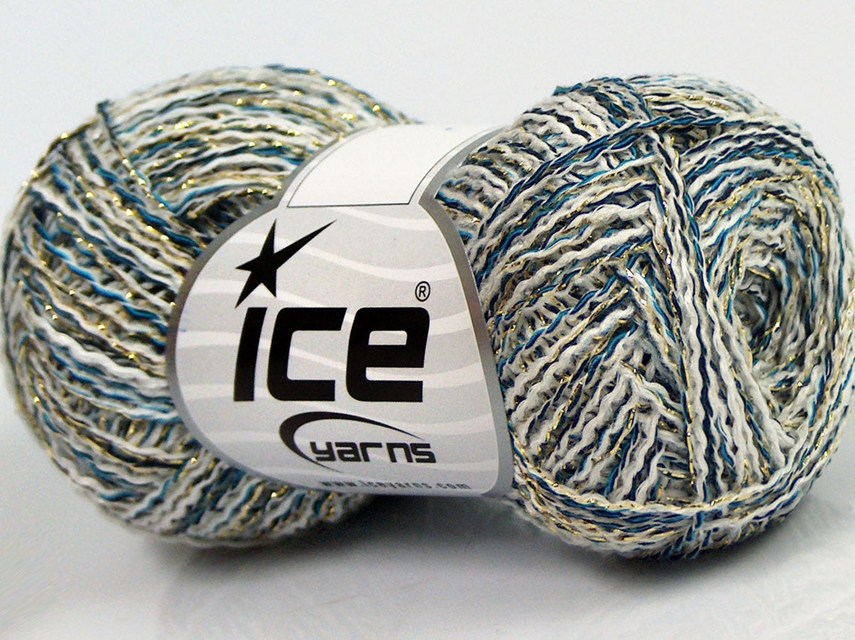 Lot of 8 Skeins Ice Yarns SALE METALLIC (40% Viscose) Yarn Cream Turquoise Navy Gold