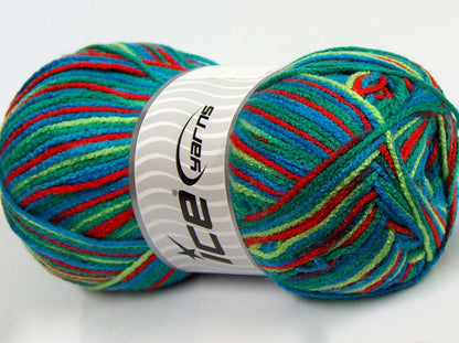 Lot of 2 x 180gr Skeins Ice Yarns MUCHO COLOR Yarn Blue Green Shades Red