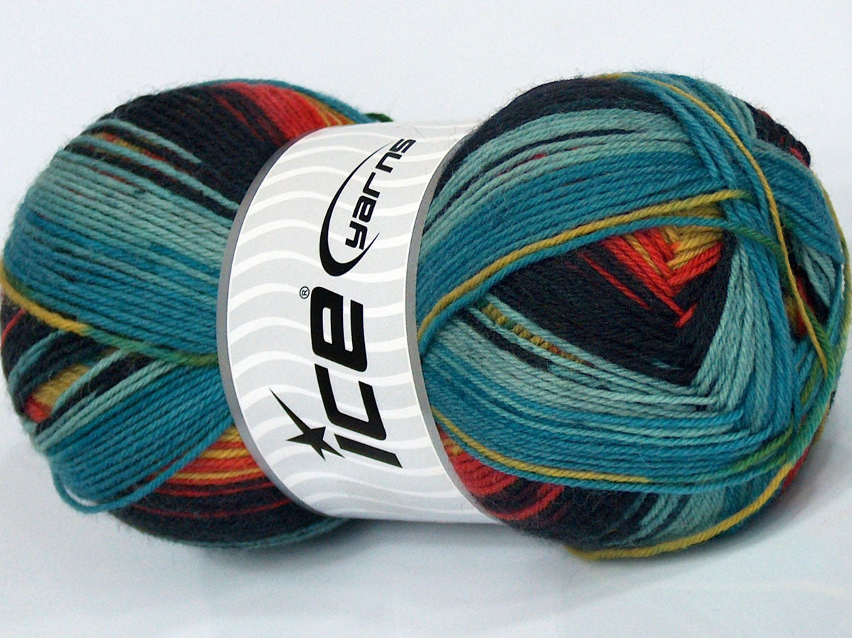 Lot of 4 x 100gr Skeins Ice Yarns PRINT SOCK (75% Superwash Wool) Yarn Turquoise Shades Dark Navy Green Orange