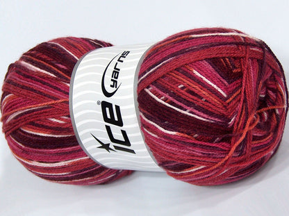 370 gr ICE YARNS SALE SELF-STRIPING Hand Knitting Yarn Burgundy Shades White