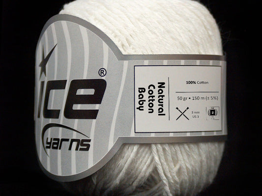 Lot of 8 Skeins Ice Yarns NATURAL COTTON BABY (100% Cotton) Yarn White