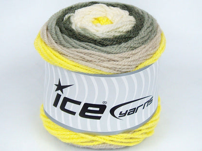Lot of 3 x 100gr Skeins Ice Yarns CAKES WOOL (20% Wool) Yarn Neon Yellow Cream Khaki Shades Beige