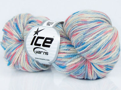 Lot of 3 x 100gr Skeins Ice Yarns HAND DYED SILK (15% Silk 85% Superwash Merino Wool) Yarn Blue Shades Pink Shades Ecru