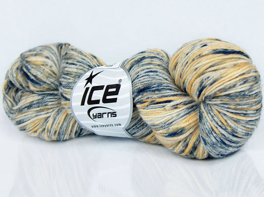Lot of 4 Skeins Ice Yarns BABY SUPERWASH MERINO PRINT (100% Superwash Merino Wool) Yarn Blue Shades Gold Shades Cream