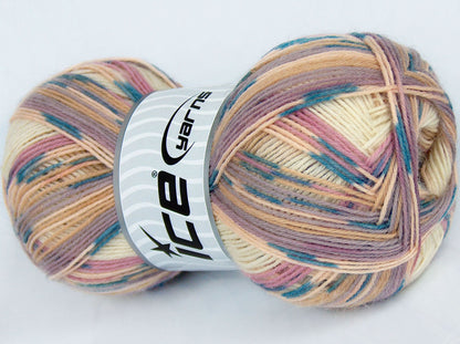 Lot of 4 x 100gr Skeins Ice Yarns COLORWAY SOCK (75% Superwash Wool) Yarn Pink Light Lilac Blue Cream Shades