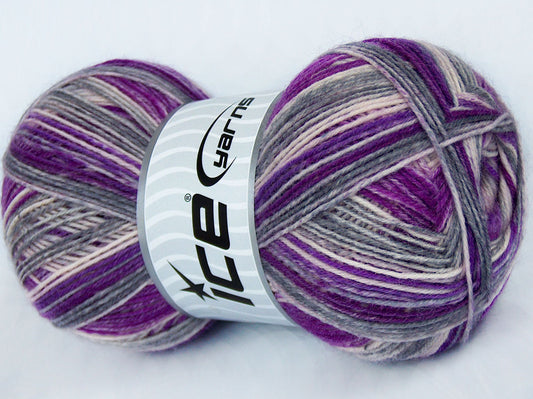Lot of 4 x 100gr Skeins Ice Yarns COLORWAY SOCK (75% Superwash Wool) Yarn Cream Grey Shades Purple