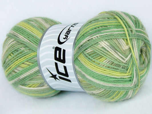 Lot of 4 x 100gr Skeins Ice Yarns COLORWAY SOCK (75% Superwash Wool) Yarn Green Shades Cream