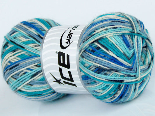 Lot of 4 x 100gr Skeins Ice Yarns COLORWAY SOCK (75% Superwash Wool) Yarn Turquoise Blue Shades Cream Black