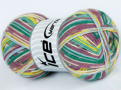Lot of 4 x 100gr Skeins Ice Yarns COLORWAY SOCK (75% Superwash Wool) Yarn Orchid Green Light Blue Cream
