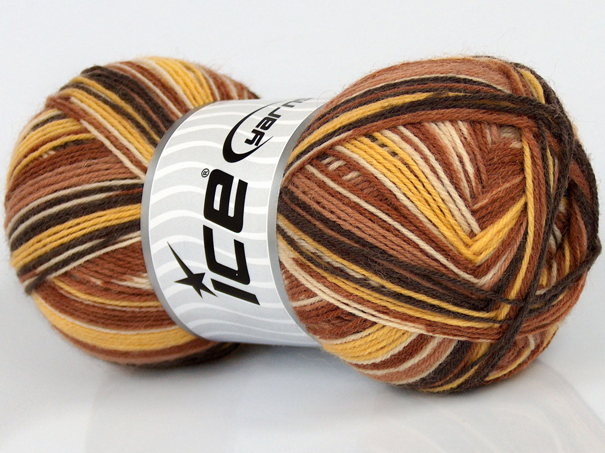 Lot of 4 x 100gr Skeins Ice Yarns VARICOLORED SOCK (75% Superwash Wool) Yarn Brown Shades Yellow Cream
