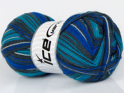 Lot of 4 x 100gr Skeins Ice Yarns VARICOLORED SOCK (75% Superwash Wool) Yarn Turquoise Grey Black Blue White