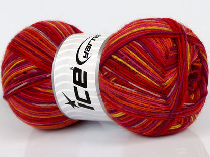 Lot of 4 x 100gr Skeins Ice Yarns VARICOLORED SOCK (75% Superwash Wool) Yarn Red Shades Orange Purple Yellow