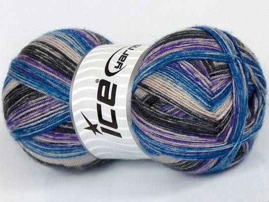 Lot of 4 x 100gr Skeins Ice Yarns SPRAY PAINTED SOCK (75% Superwash Wool) Yarn Purple Blue Light Grey