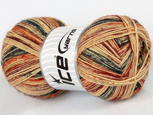 Lot of 4 x 100gr Skeins Ice Yarns SPRAY PAINTED SOCK (75% Superwash Wool) Yarn Cream Dark Green Dark Orange Burgundy
