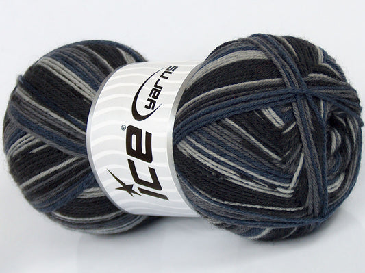 Lot of 4 x 100gr Skeins Ice Yarns MULTICOLOR SOCK (75% Superwash Wool) Yarn Black Blue Grey Shades