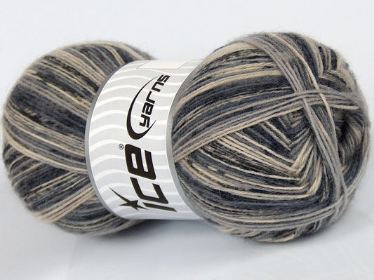 Lot of 4 x 100gr Skeins Ice Yarns VARICOLORED SOCK (75% Superwash Wool) Yarn Grey Shades Cream