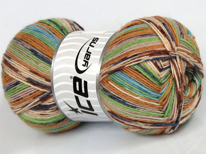 Lot of 4 x 100gr Skeins Ice Yarns VARICOLORED SOCK (75% Superwash Wool) Yarn Beige Cream Brown Blue Green Gold