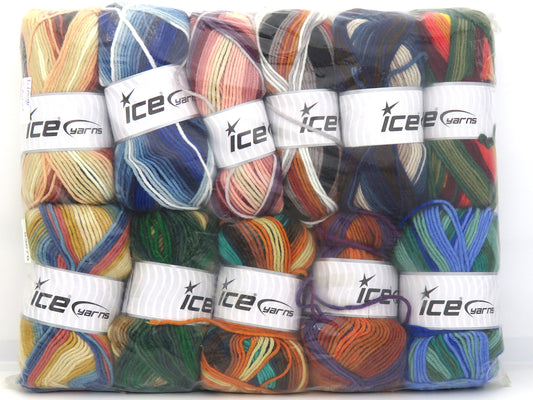 Assorted colorful yarn balls with 'Ice Yarns' labels on a white background